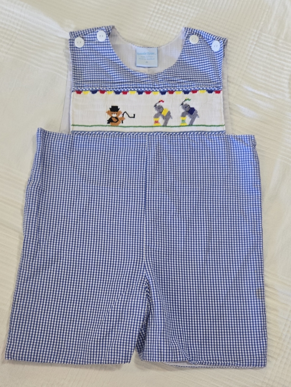 Remember Nguyen Smocked Blue Gingham Kids Shortall Circus Elephant Theme Sz4